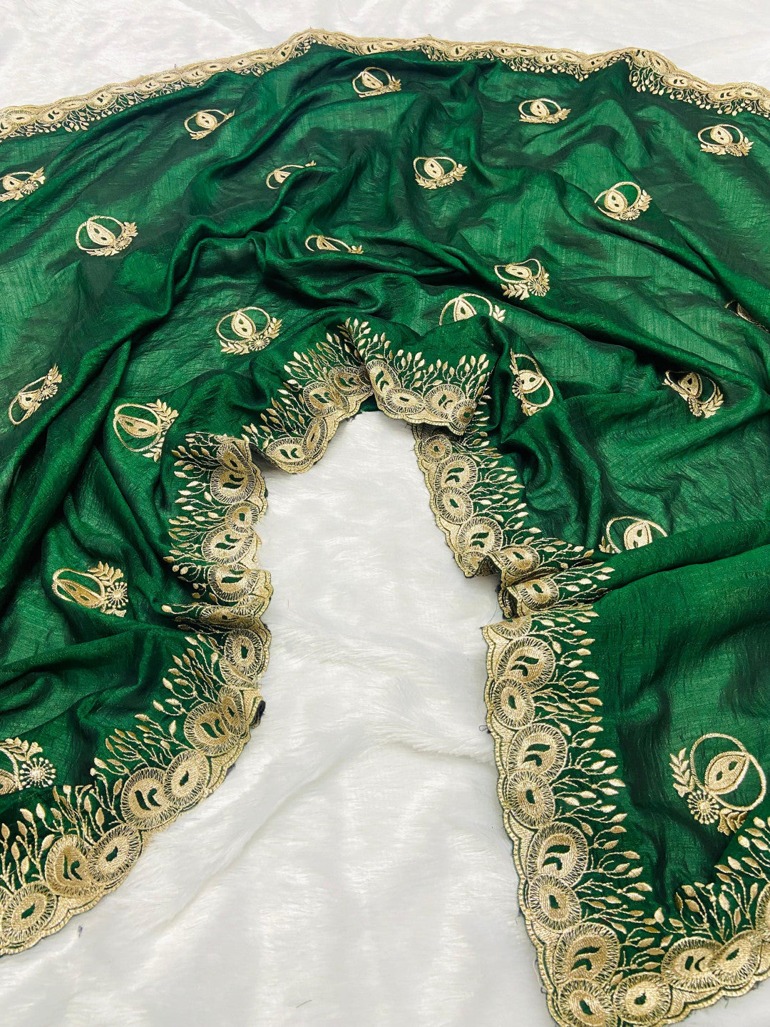 Fancy Green Color Vichitra Silk Saree With Beautiful Cutwork & Embroidery Border