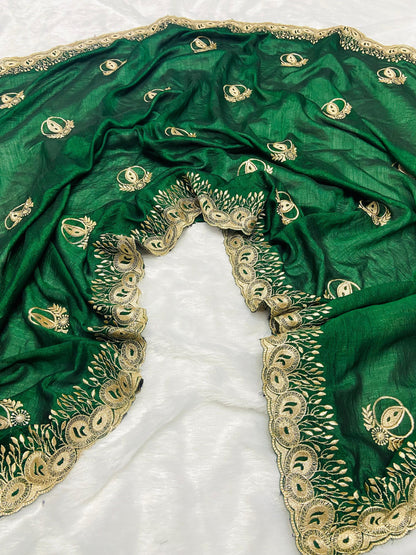 Fancy Green Color Vichitra Silk Saree With Beautiful Cutwork & Embroidery Border