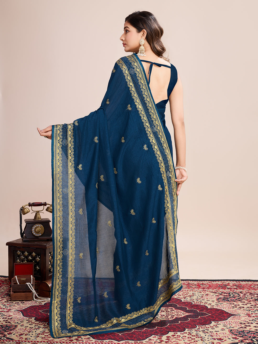 Fancy Blue Soft Vichitra Silk Saree With Embroidery Work