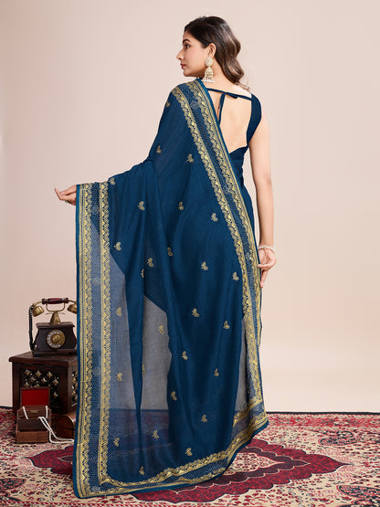 Fancy Blue Soft Vichitra Silk Saree With Embroidery Work
