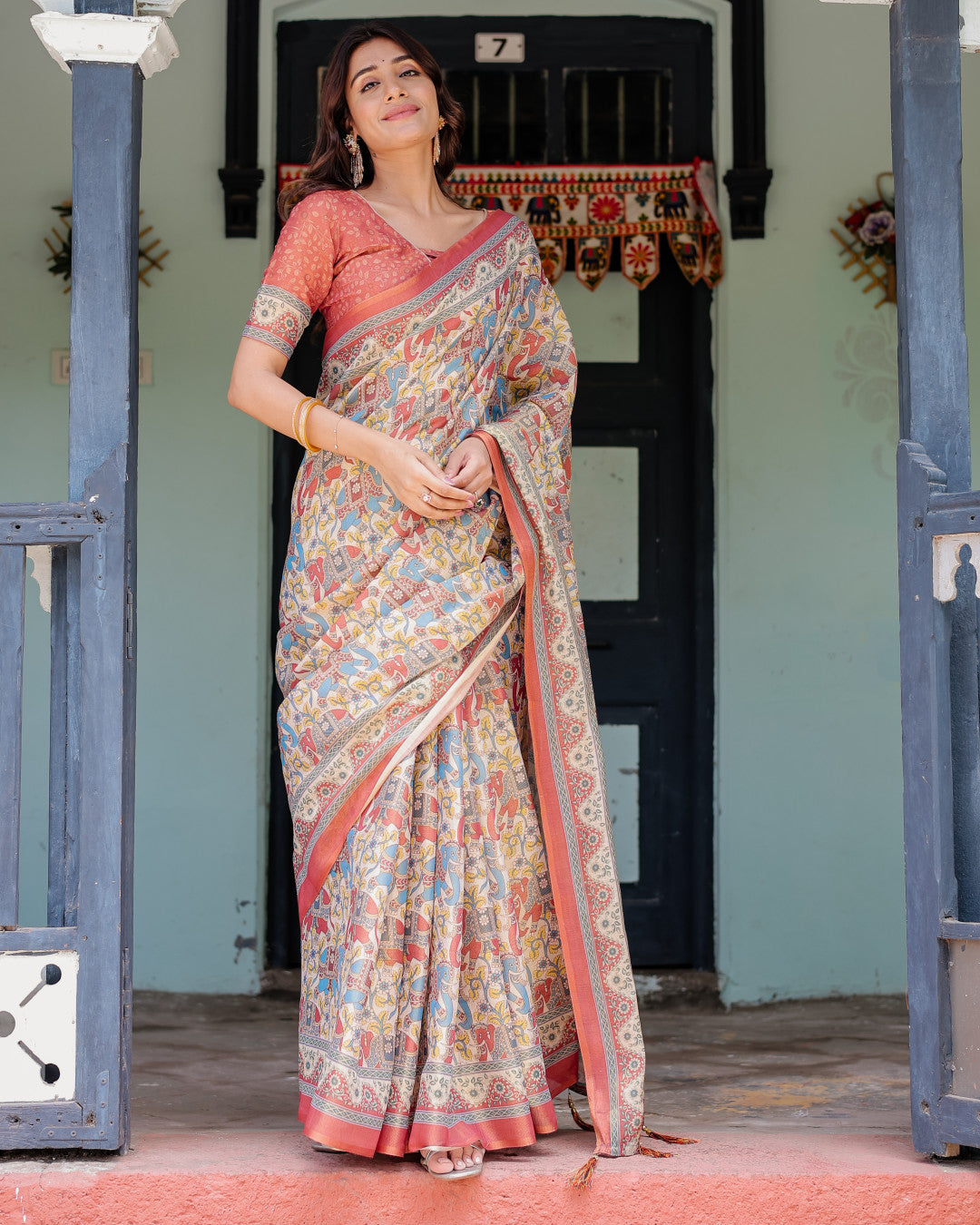 Kalamkari Digital Printed Linen Cotton Saree