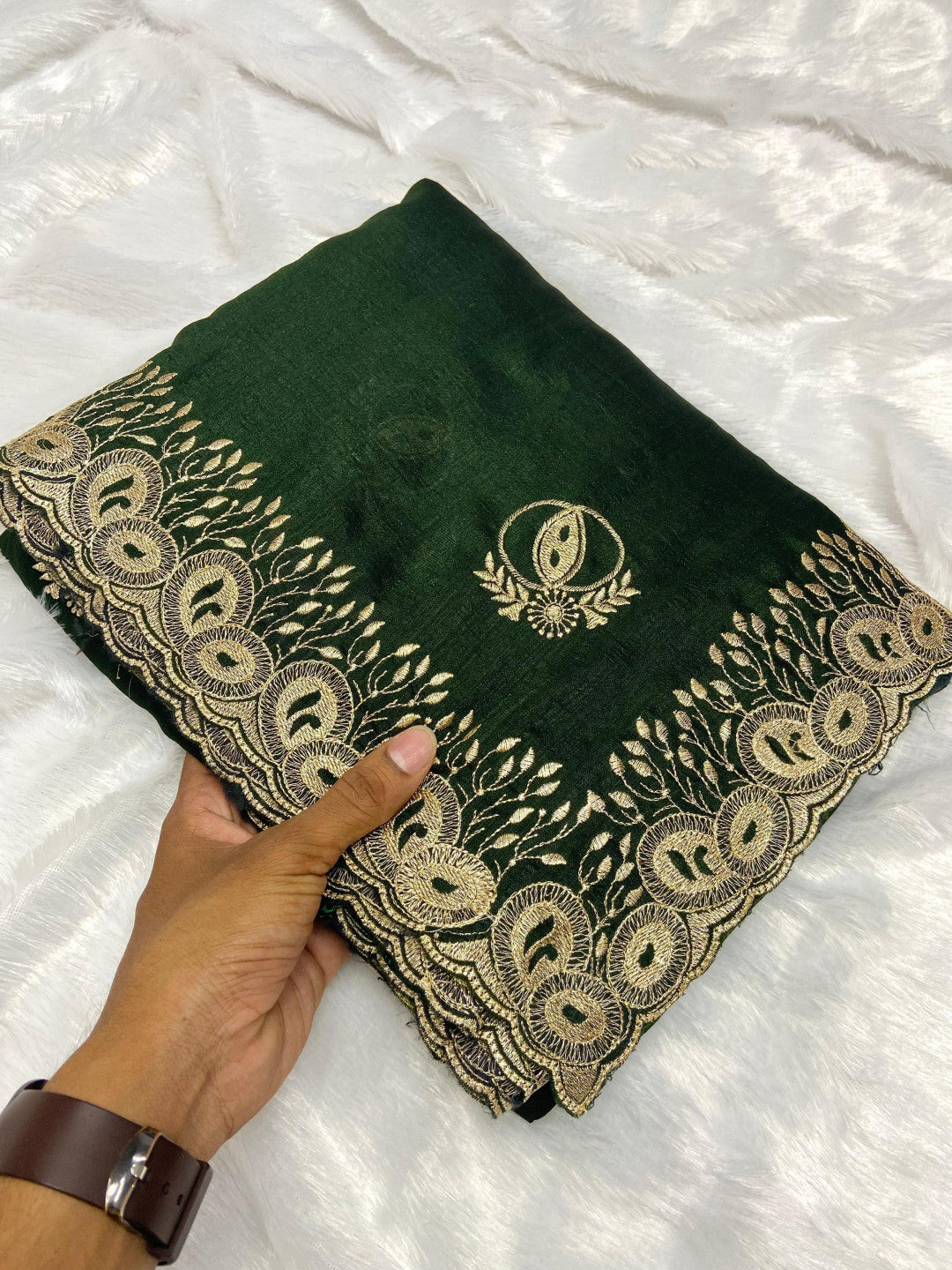Fancy Mahendi Green Color Vichitra Silk Saree With Beautiful Cutwork & Embroidery Border