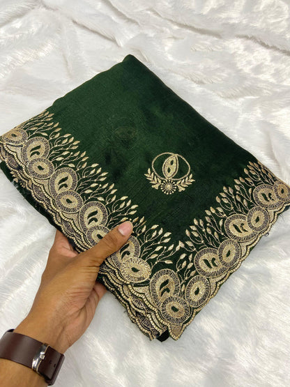 Fancy Mahendi Green Color Vichitra Silk Saree With Beautiful Cutwork & Embroidery Border