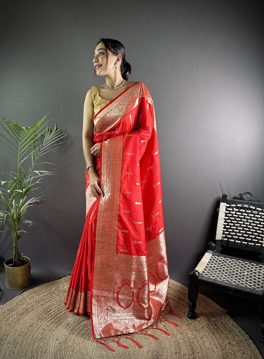 Red Soft Banarasi Silk Saree With Zari Weaving Work