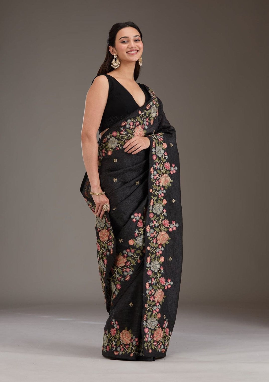 Black Fancy Crunchy Silk Saree With Multi Thread Work And Piping Lace Border