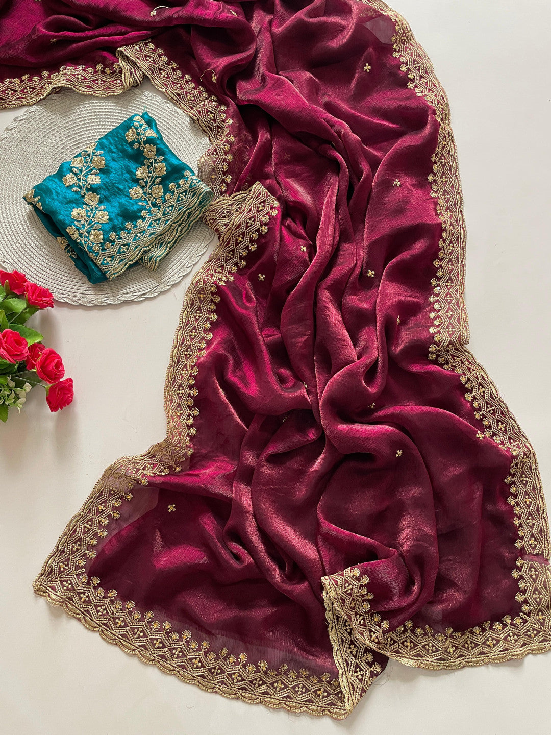Maroon Fancy Space Silk Saree With Embroidery & Moti Work