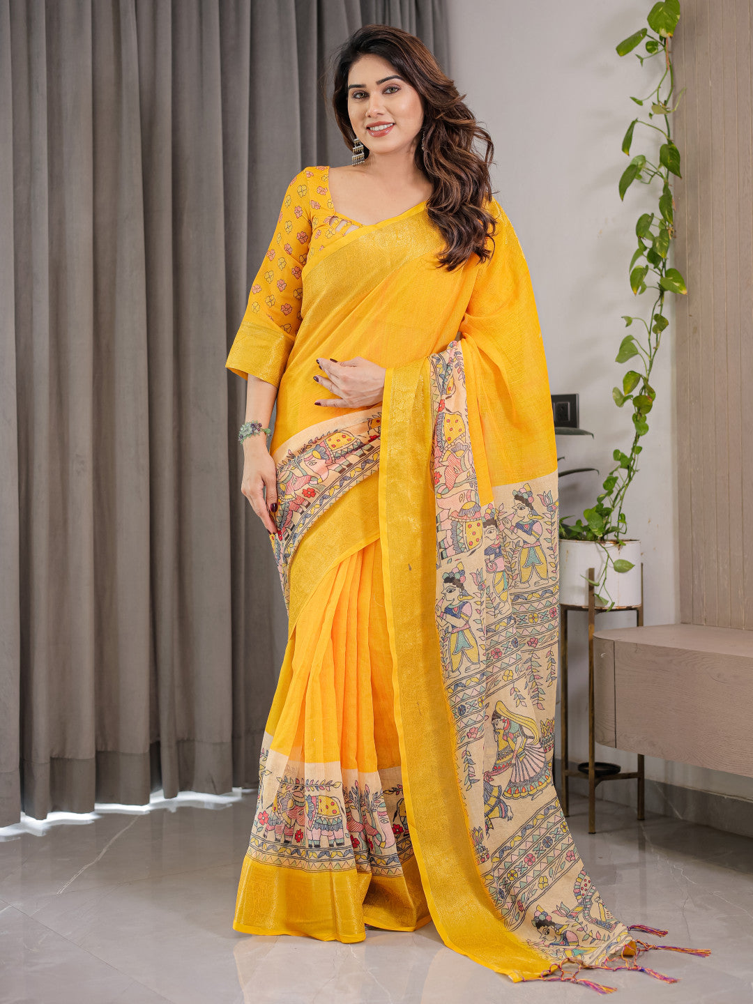 Yellow Kalamkari Digital Printed Linen Cotton Saree