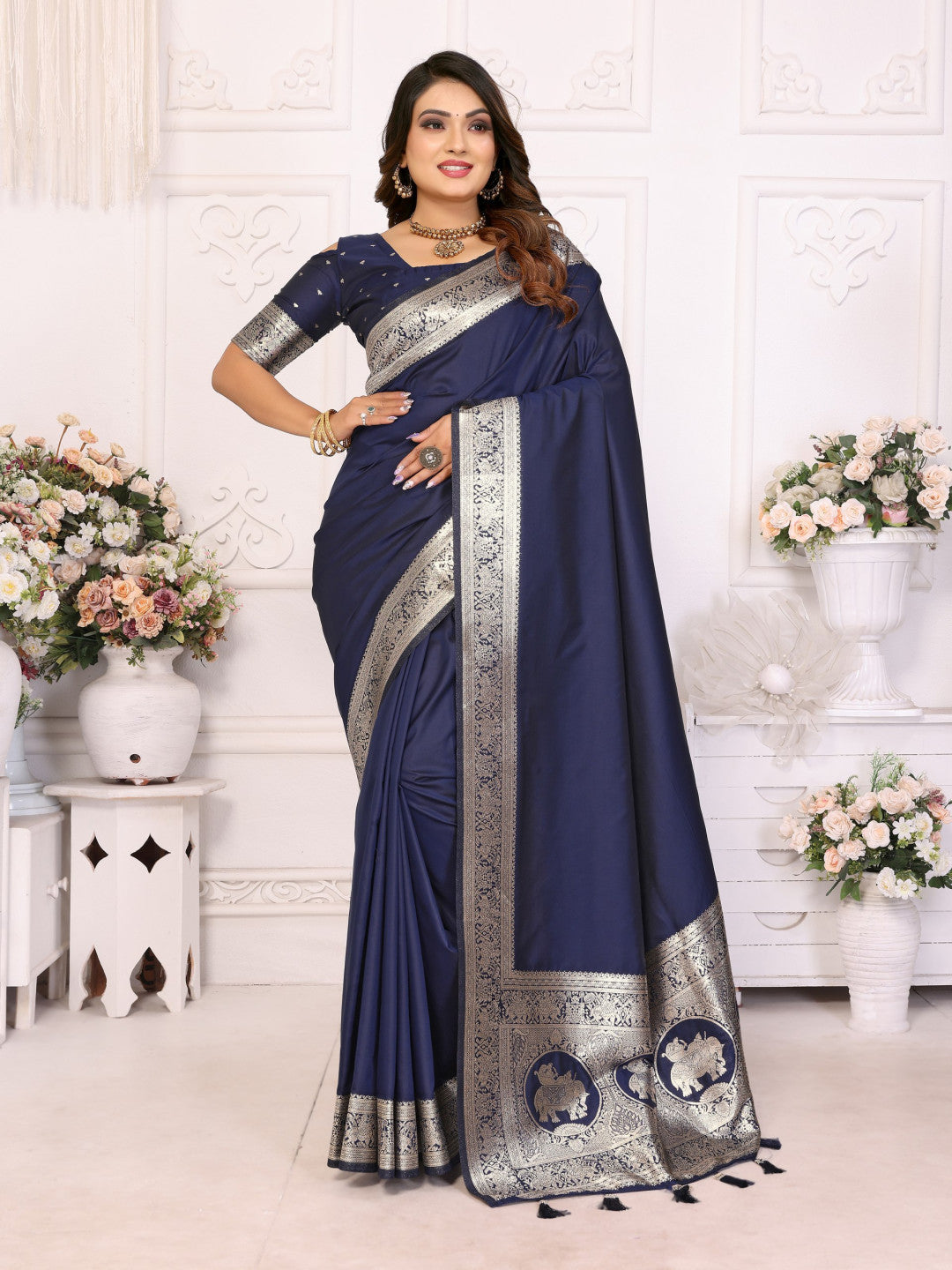 Premium Summer Special Navy Blue Banarasi Silk Saree With Gala Weaving Exclusive Work