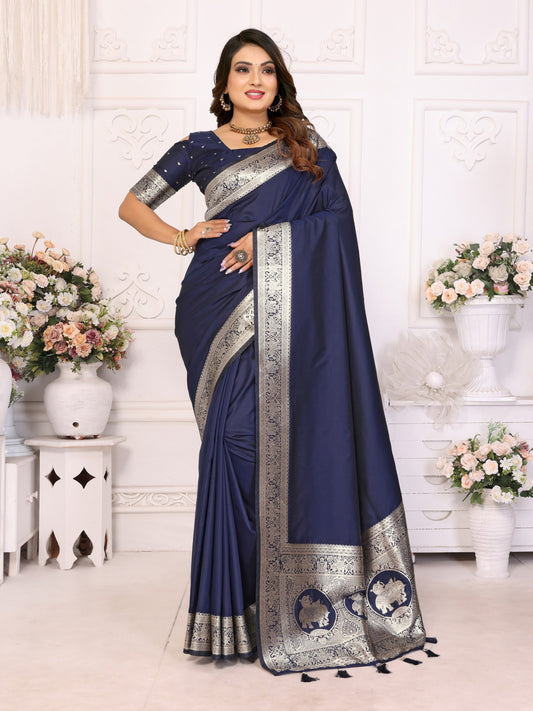 Premium Summer Special Navy Blue Banarasi Silk Saree With Gala Weaving Exclusive Work