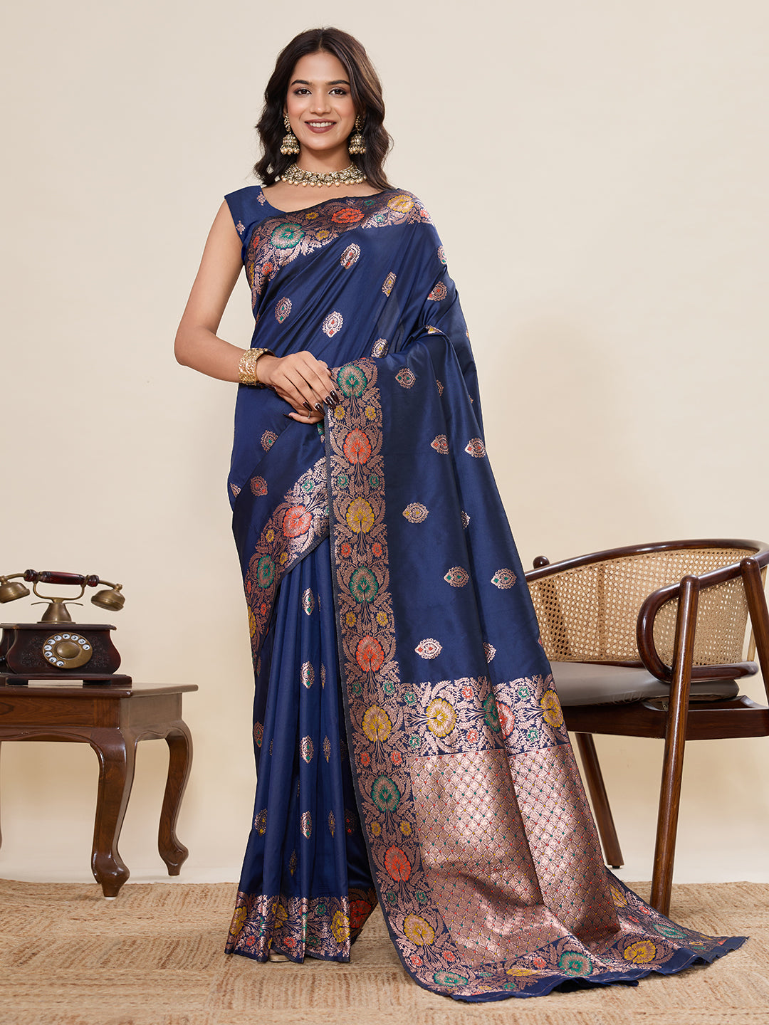 Traditional Navy Blue Color Jacquard Silk Saree With Zari Work