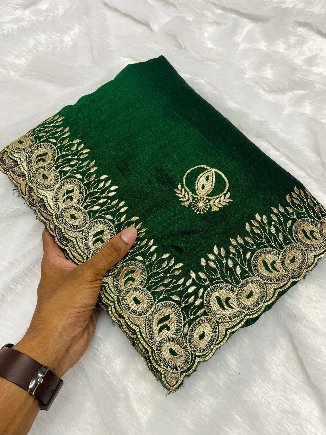 Fancy Green Color Vichitra Silk Saree With Beautiful Cutwork & Embroidery Border