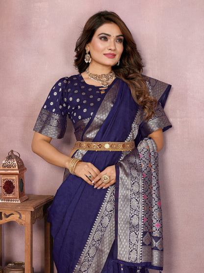 Navy Blue Premium Dola Silk Saree With Meenakari Weaving Work