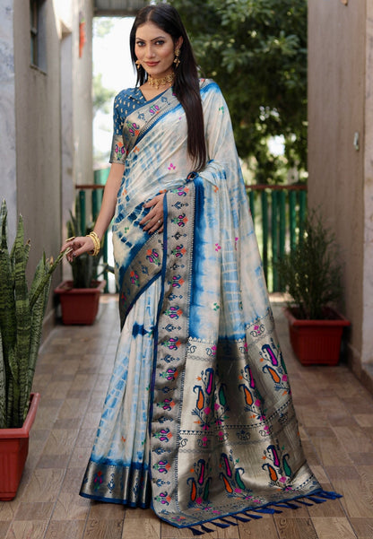 Firoji Color Dola Silk Saree With Shibori Print & Zari Weaving Work