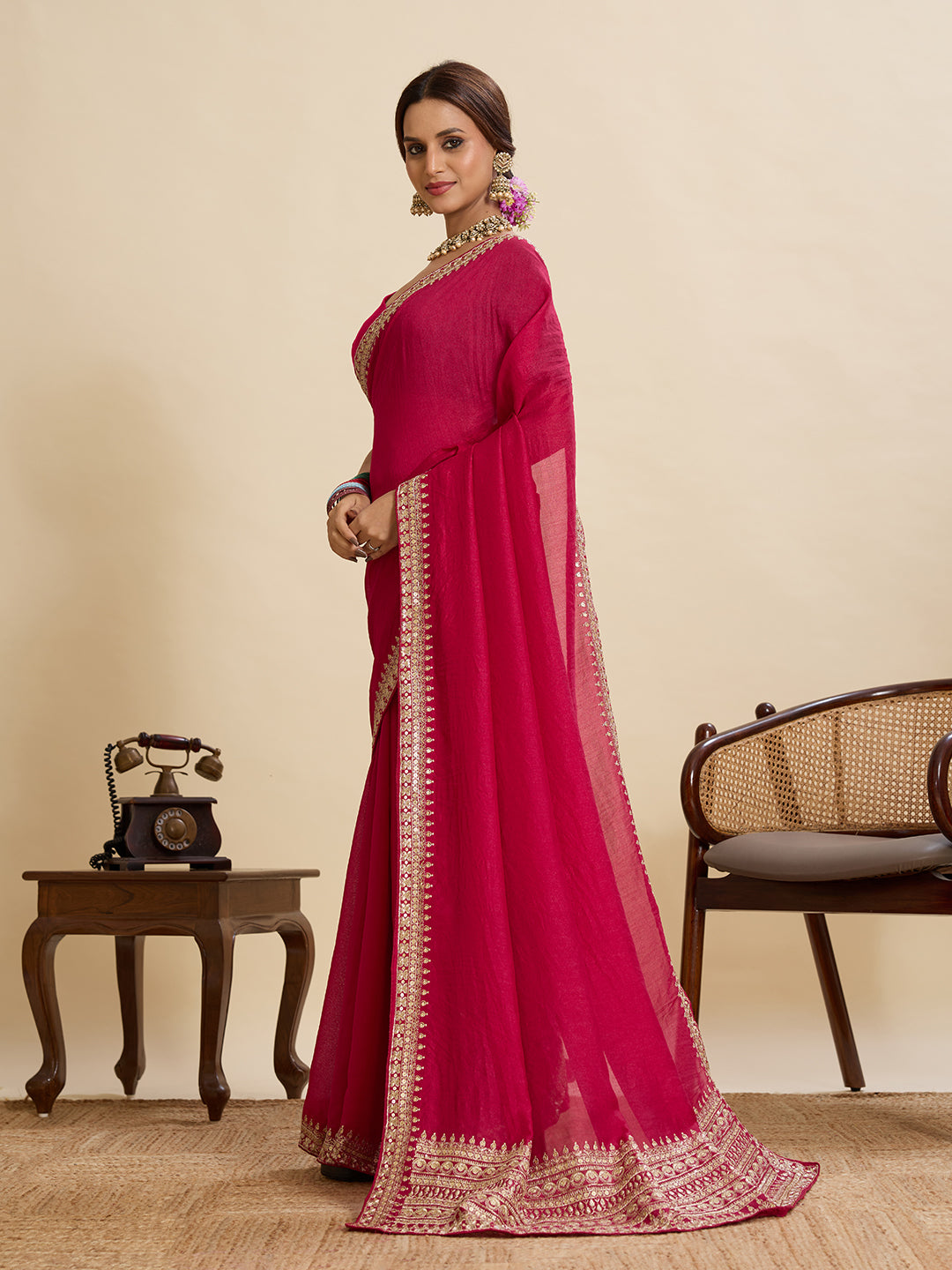 Rani Pink Soft Vichitra Silk Saree With Embroidery Work