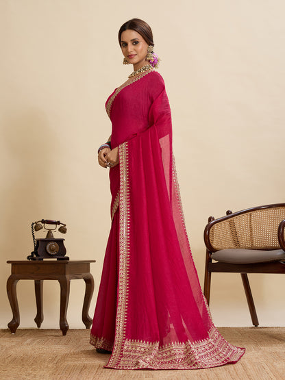Rani Pink Soft Vichitra Silk Saree With Embroidery Work
