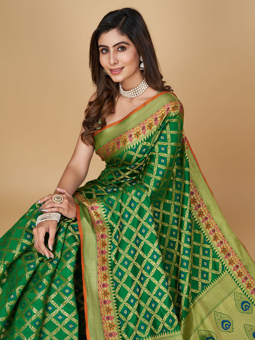 Green Color Patola Silk Saree With Zari Weaving Work
