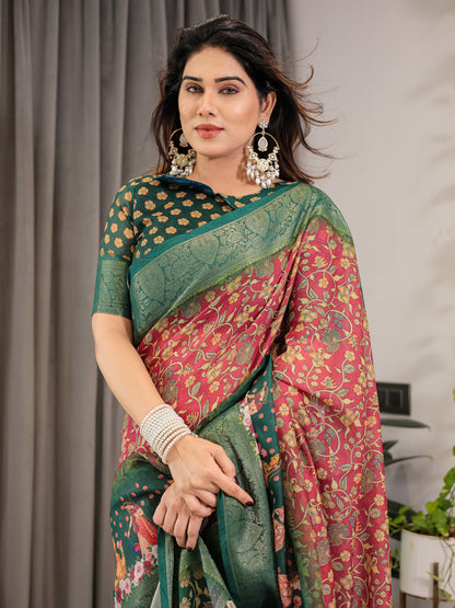 Multi Kalamkari Digital Printed Linen Cotton Saree