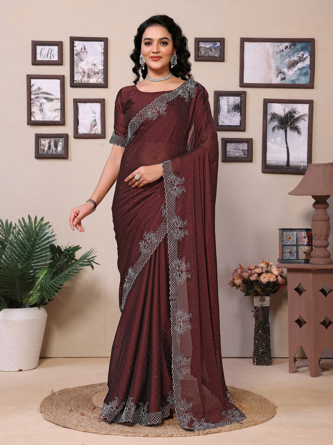 Fancy Coffee Rangoli Silk Saree With Diamond Work