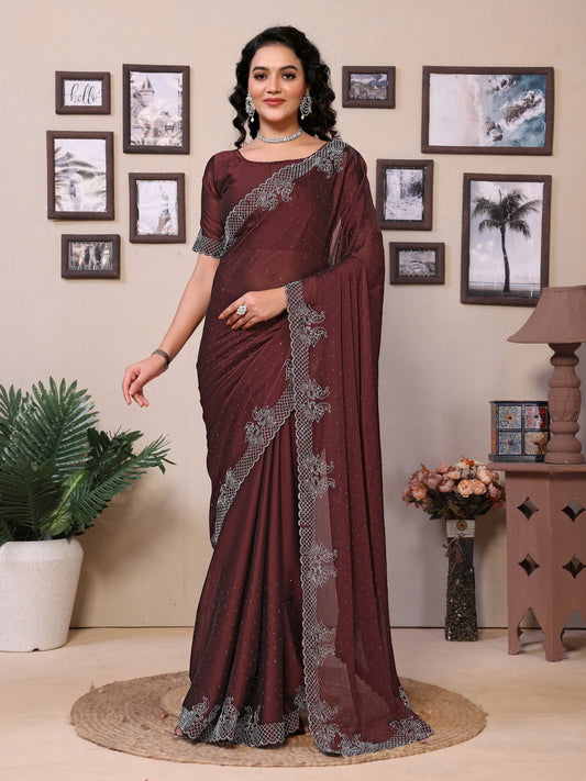 Fancy Coffee Rangoli Silk Saree With Diamond Work