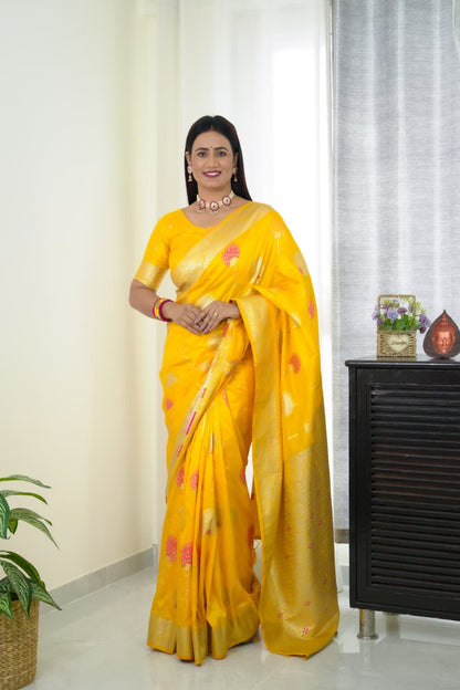 Yellow Khaddi Georgette Banarasi Saree With Meenakari Weaving Work