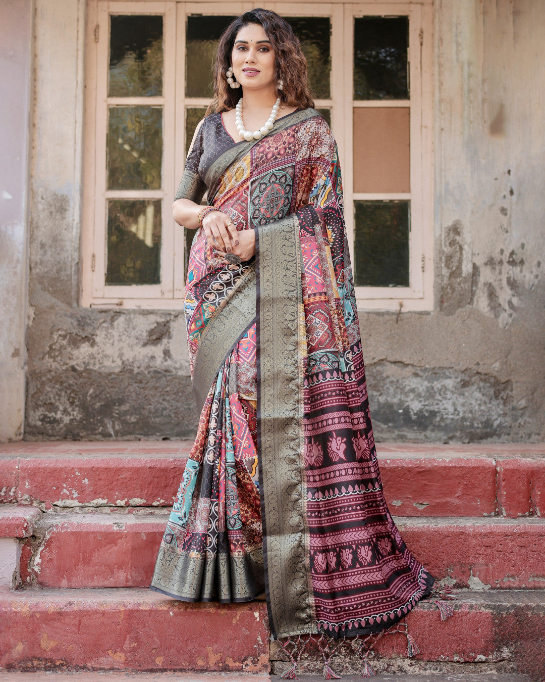 Multi Digital Kalamkari Printed Tussar Silk Saree With Zari Motif Border