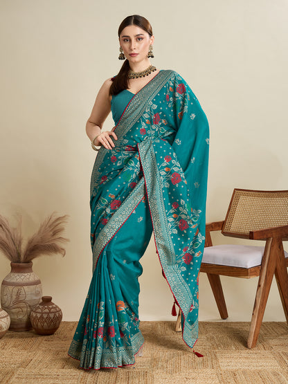 Rama Green Cotton Saree With Table Printed And Foil Work With Pipeing Border