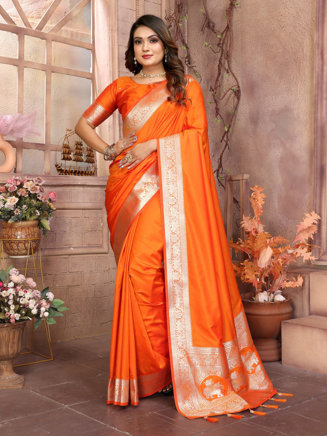 Premium Summer Special Orange Banarasi Silk Saree With Gala Weaving Exclusive Work