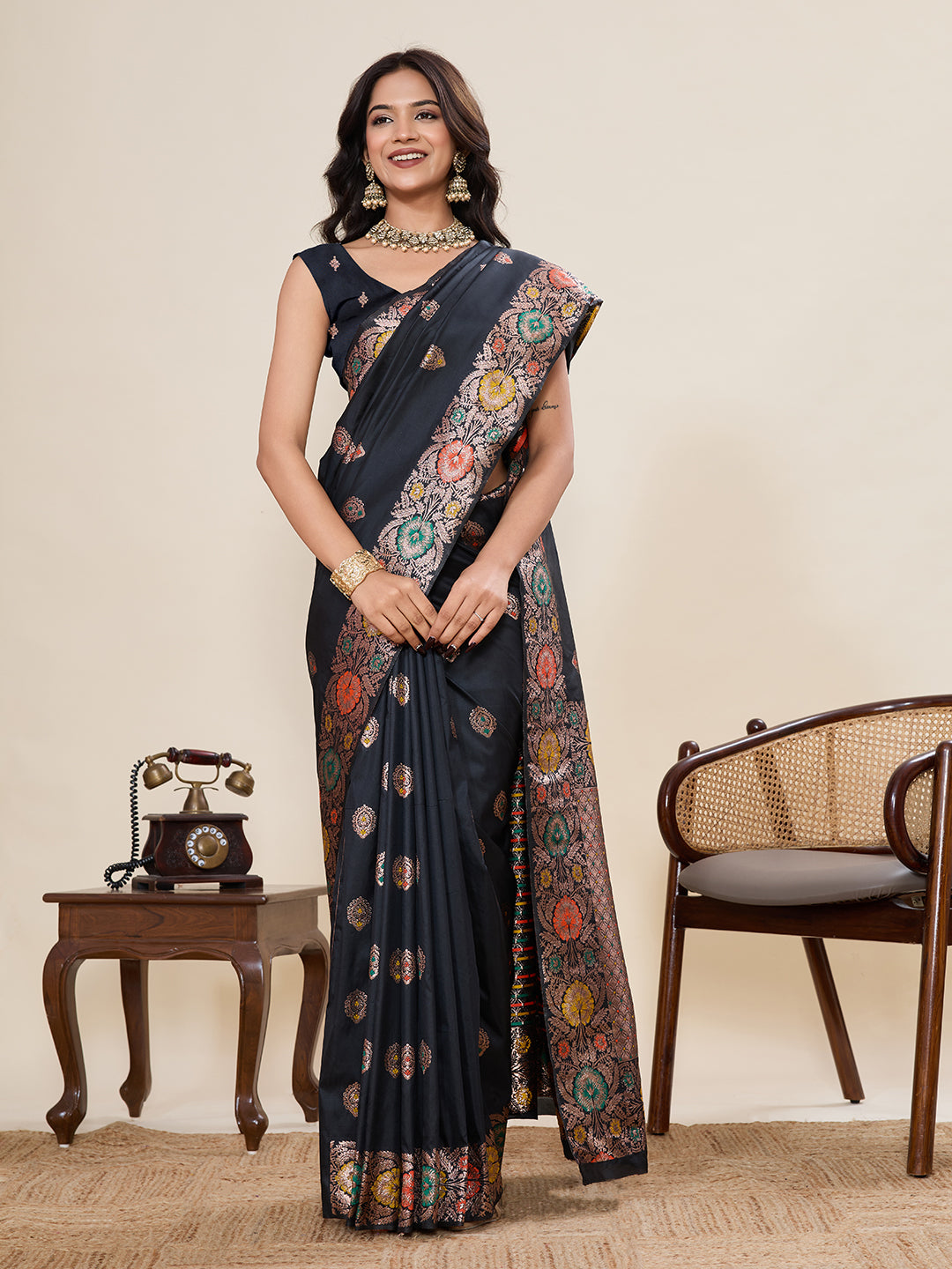 Traditional Black Color Jacquard Silk Saree With Zari Work
