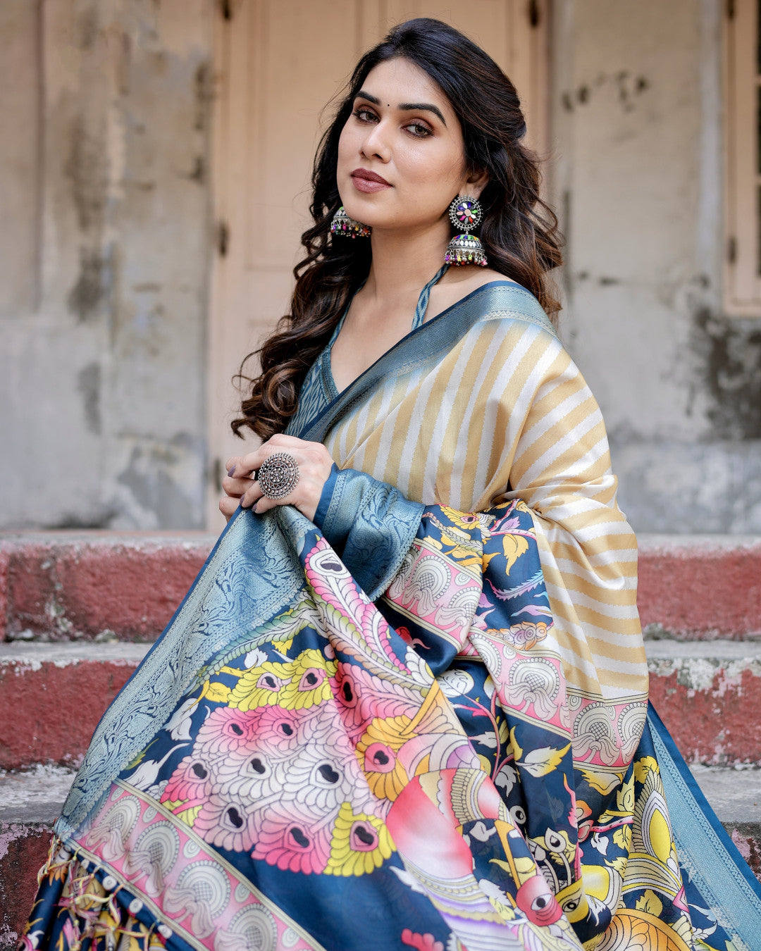 Multi Kalamkari Digital Printed Tussar Silk Saree With Zari Motif Border