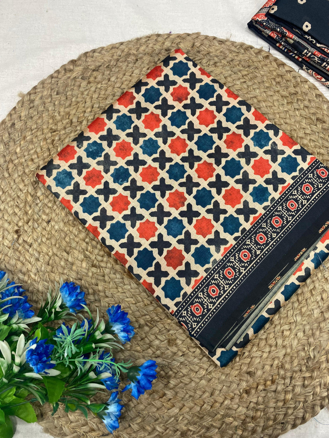 Multi Ajrakh Print Tussar Silk Saree