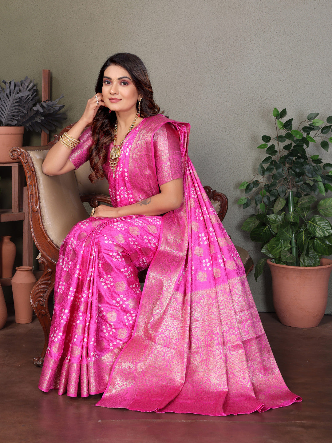 Baby Pink Premium Bandhej Silk Saree With Zari Weaving Work