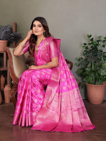Baby Pink Premium Bandhej Silk Saree With Zari Weaving Work