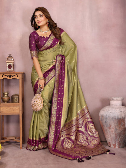 Green Traditional Banarasi Silk Saree With Zari Weaving Work