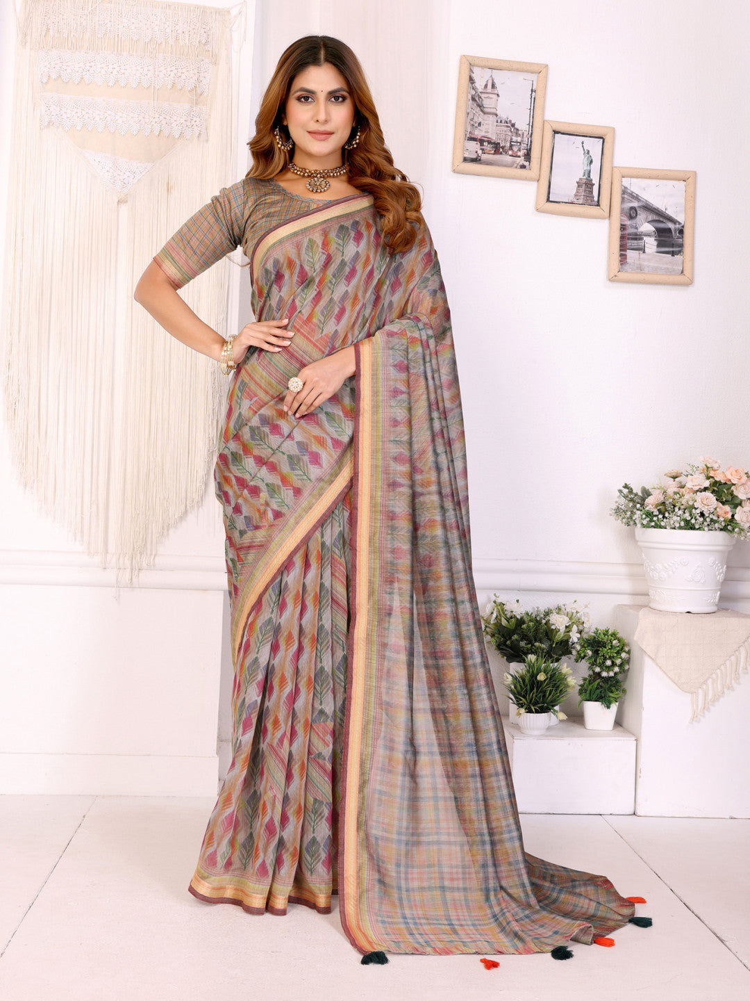 Multi Colour Chanderi Cotton Saree With Digital Printed Work