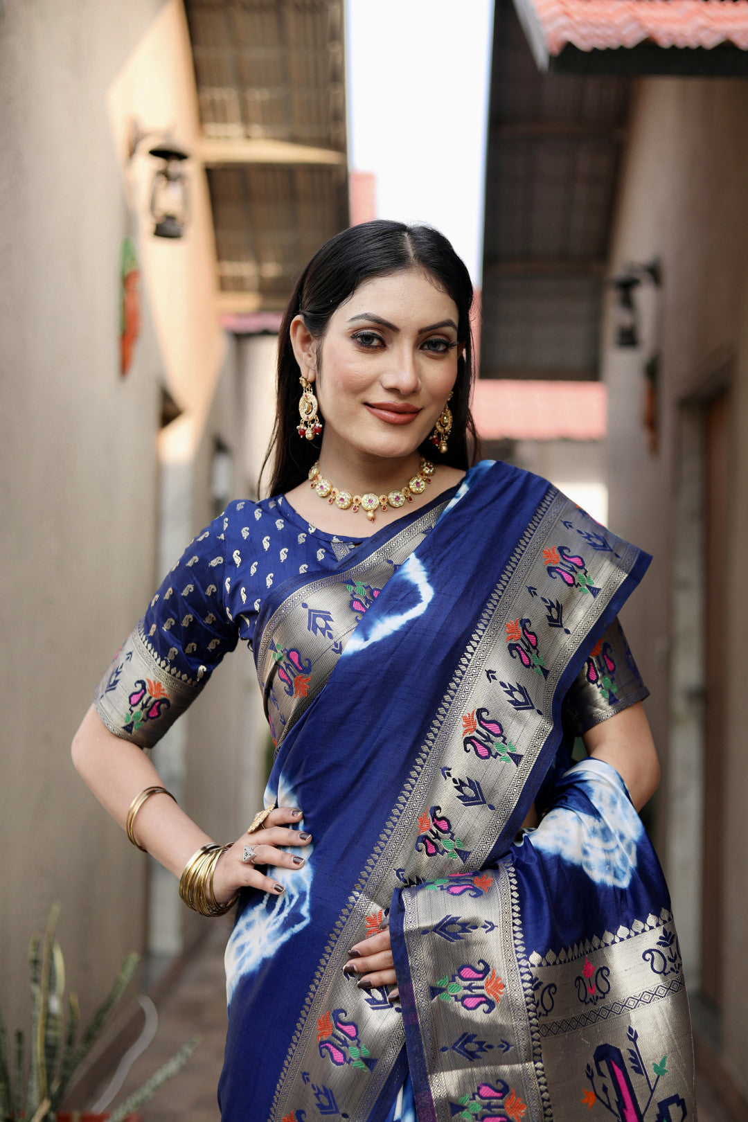 Navy Blue Color Soft Dola Silk Saree With Shibori Print & Zari Weaving Work