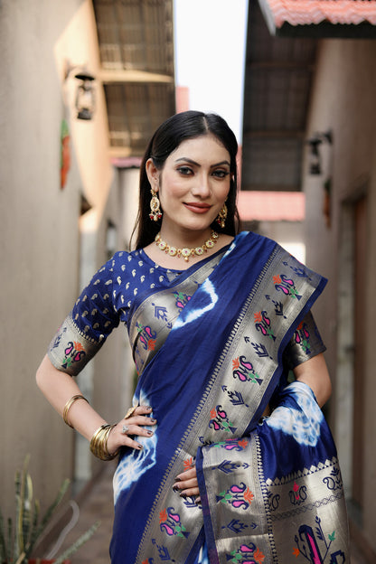 Navy Blue Color Soft Dola Silk Saree With Shibori Print & Zari Weaving Work