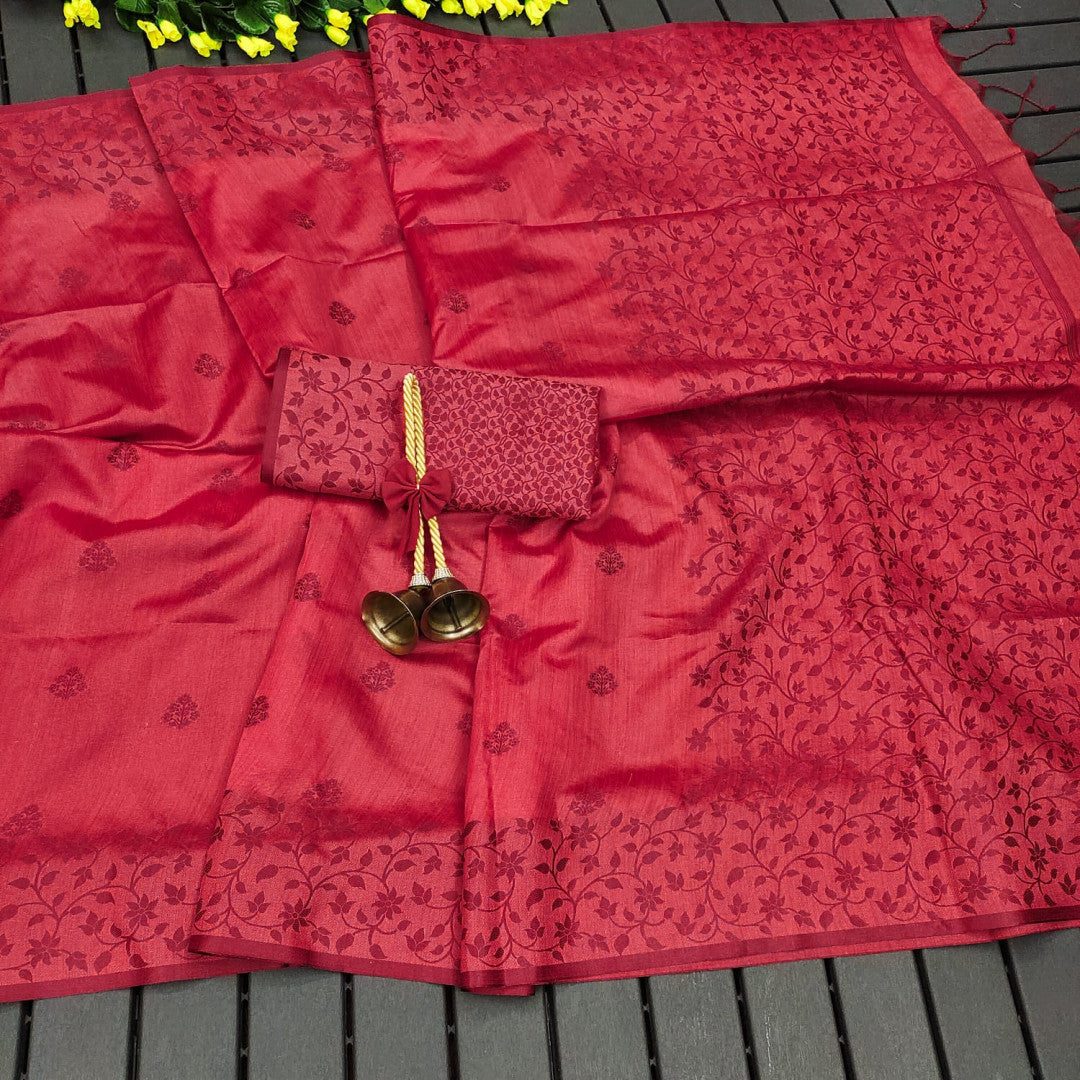 Red Color Khadi Raw Silk Saree With Jamdani Weaving Border