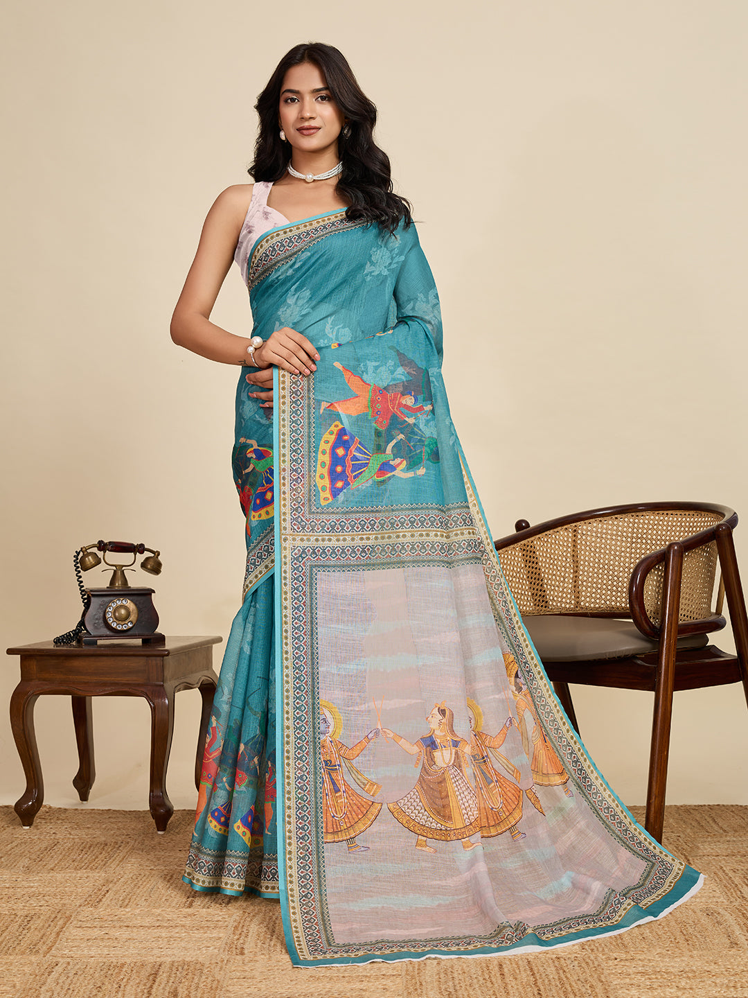 Rama Green Linen Cotton Saree With Digital Printed Work And Silver Zari Border