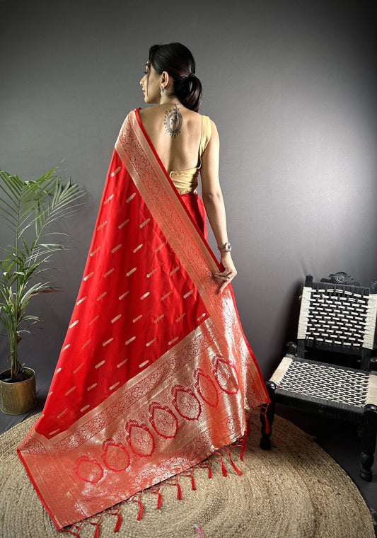 Red Soft Banarasi Silk Saree With Zari Weaving Work