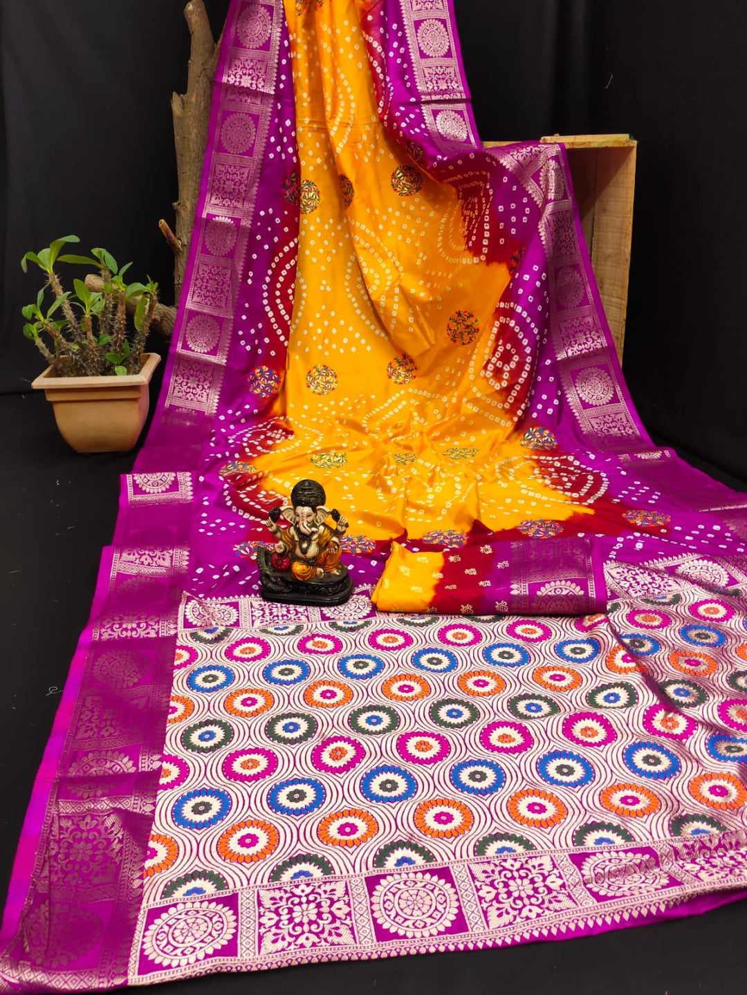 Multi Color Soft Bandhej Silk Saree With Zari Weaving Work