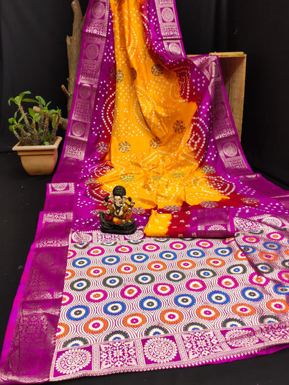 Multi Color Soft Bandhej Silk Saree With Zari Weaving Work