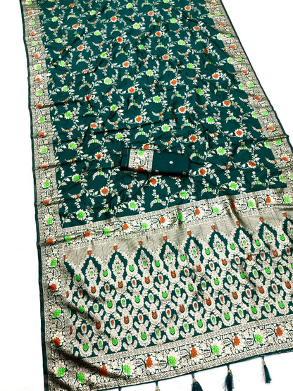 Green Banarasi Silk Saree With Meenakari Zari Weaving Work