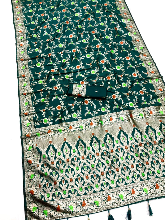 Green Banarasi Silk Saree With Meenakari Zari Weaving Work