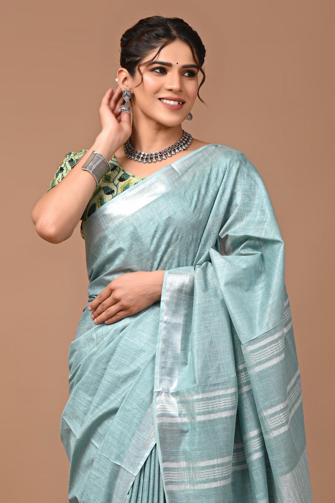 Light Blue Colour Pure Plain Linen Cotton Saree With Ajrakh Blockprinted Cotton Blouse