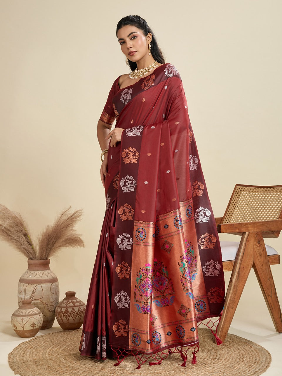 Maroon Kanjivaram Silk Saree With Zari Weaving Butta Border & Designer Rich Paithani Pallu