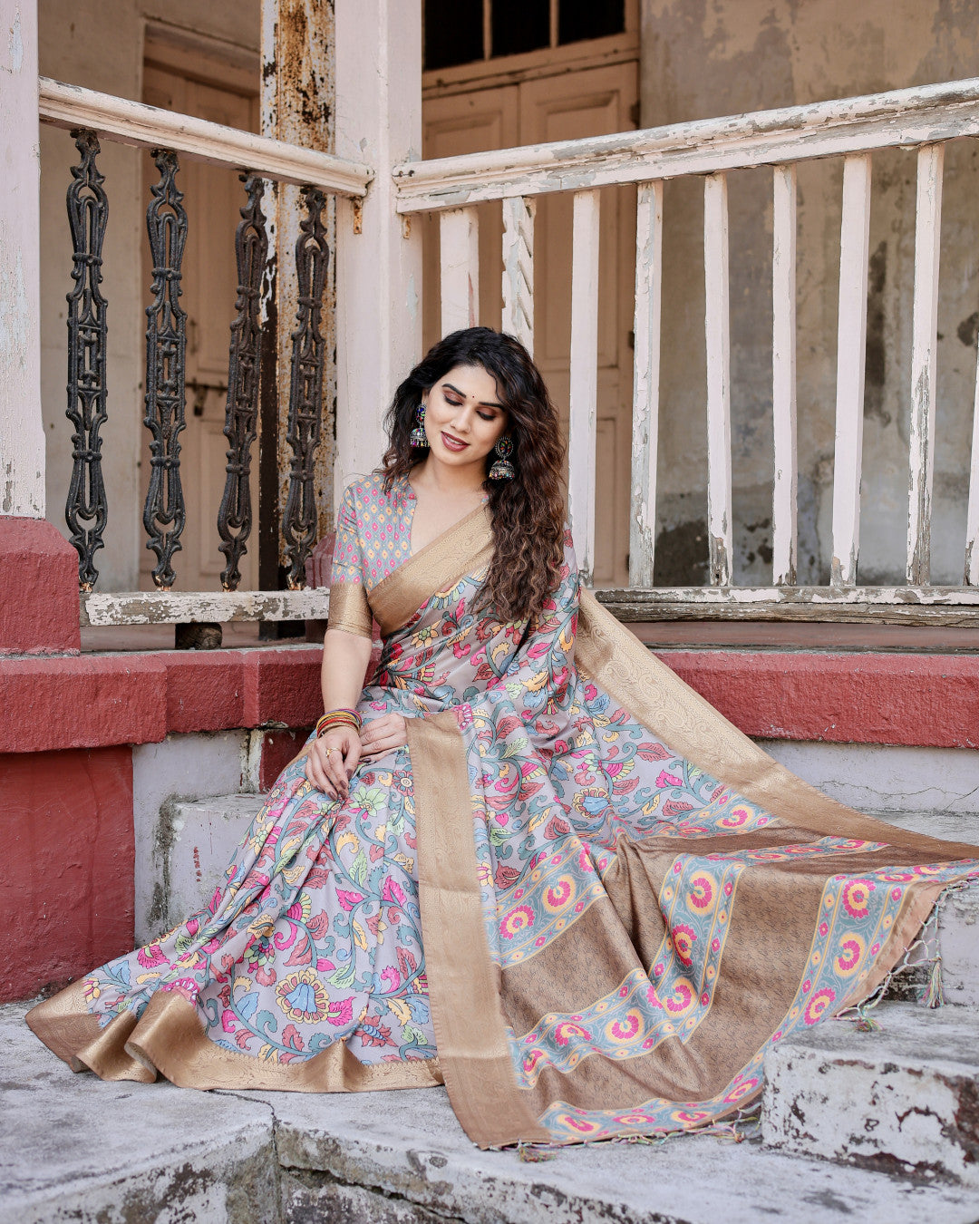 Lavender Kalamkari Digital Printed Dola Silk Saree With Gold Zari Border