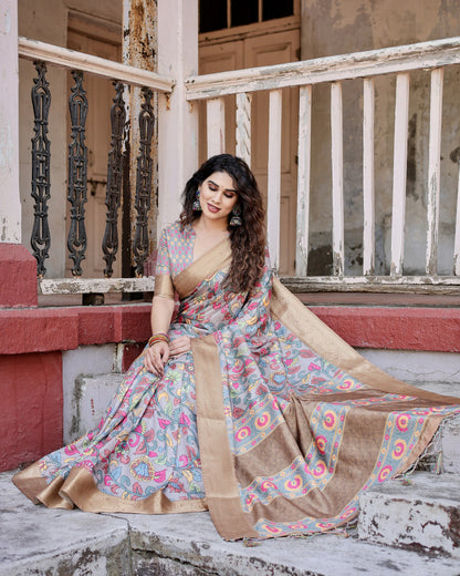 Lavender Kalamkari Digital Printed Dola Silk Saree With Gold Zari Border