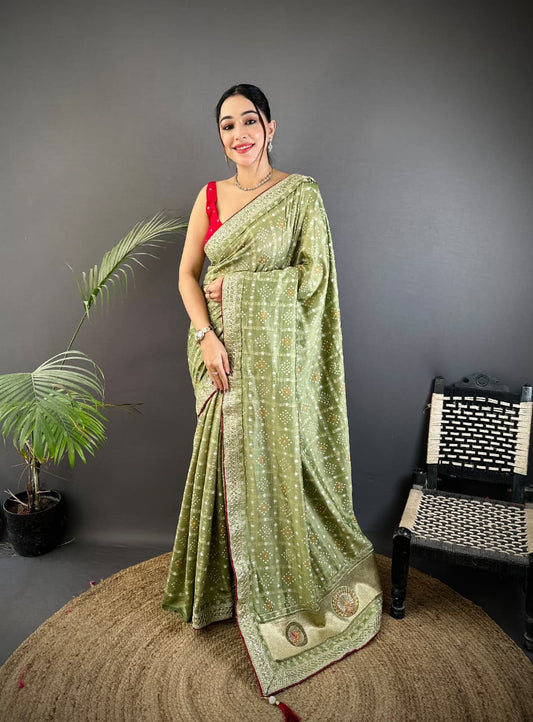 Parrot Green Traditional Blooming Vichitra Khadi Bandhej Silk Saree With Sequence Work