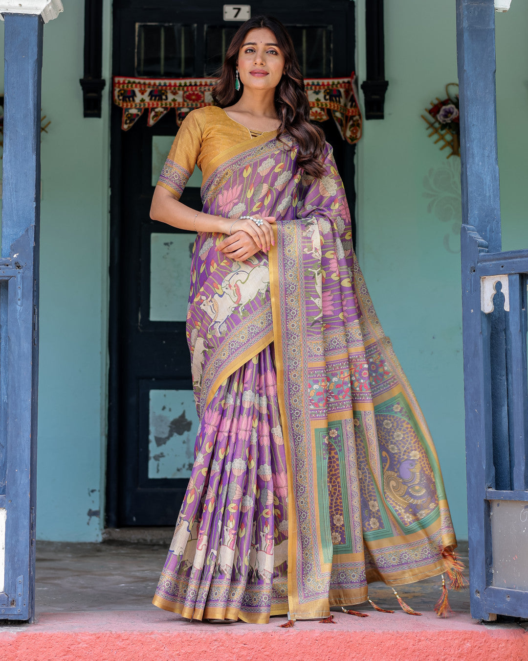 Kalamkari Digital Printed Linen Cotton Saree