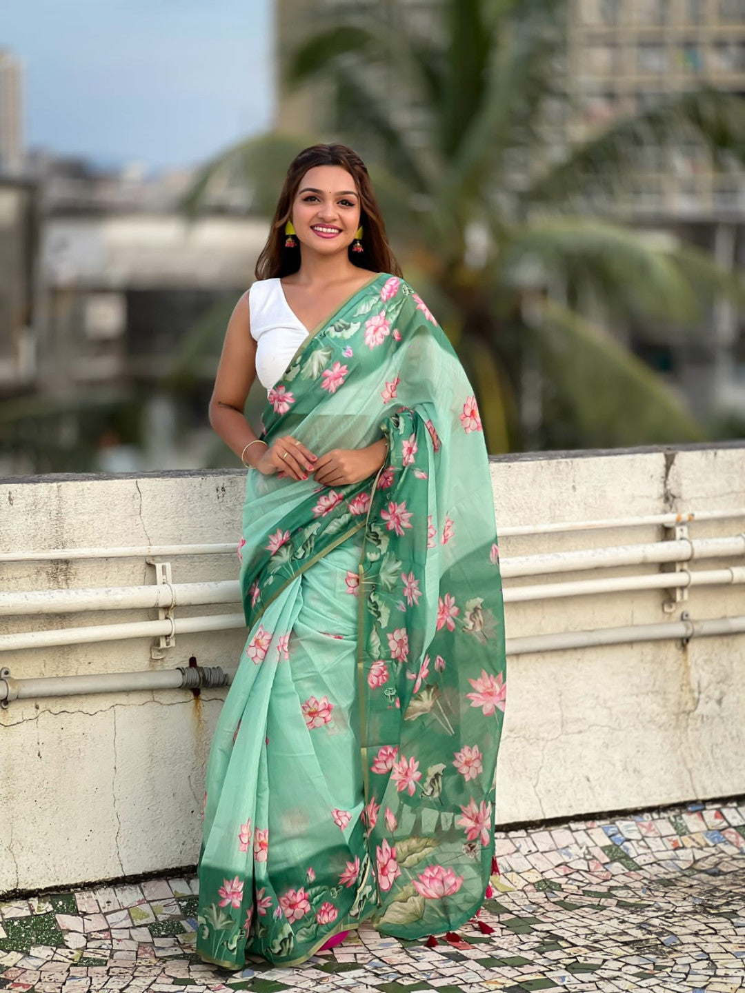 Sea Green Pichwai Printed Chanderi Cotton Saree